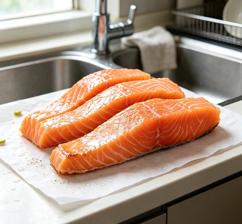 Fresh Salmon Steaks, Richly Marbled